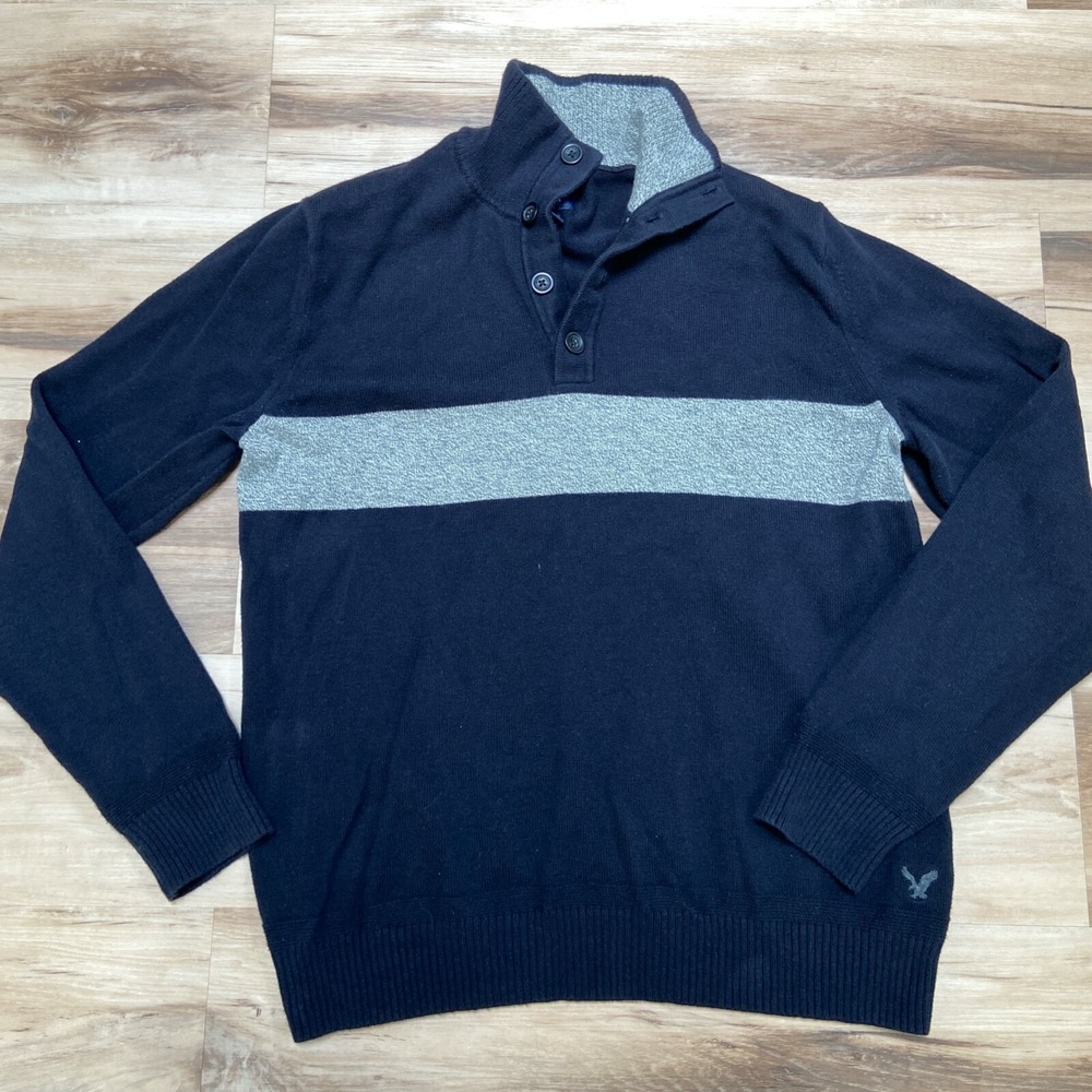 American Eagle Outfitters‎ Mens Blue Classic Fit Button Mock Neck Sweater L/G